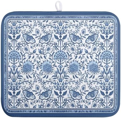 Blue Floral Dish Drying Mat for Kitchen Counter Boho Flowers Dishes Drainer