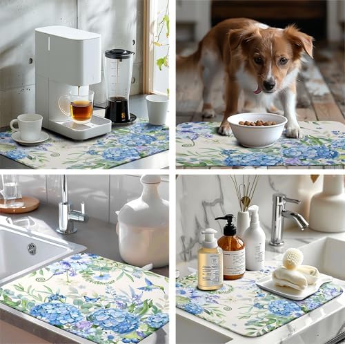 Blue Hydrangea Dish Drying Mat for Kitchen Counter 18 x 24 Inch Spring Floral