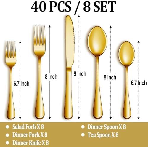 40 Pcs Gold Silverware Set Service