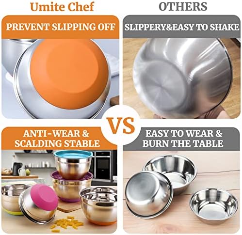 Umite Chef Mixing Bowls with Airtight Lids, 6 Piece Stainless Steel Metal Bowls