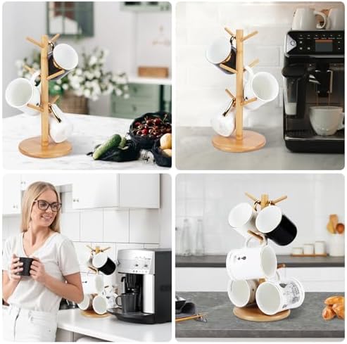 Bamboo Mug Tree Holder, Upgraded Screw Type 6 Hooks Coffee Mug Holders