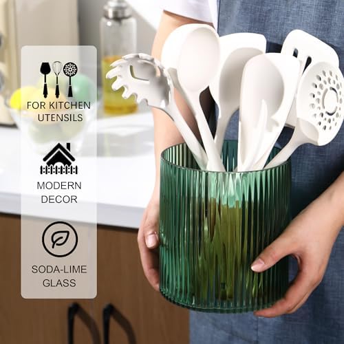 Green Utensil Holder, 6.3" Glass Kitchen Utensil Holder