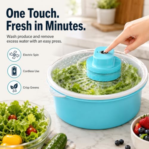 Electric Salad Spinner and Produce Washer, One-Touch Cordless Fruit Cleaner