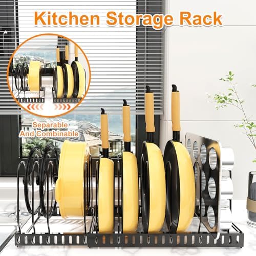 Pot and Pan Organizer Rack for Cabinet, 3 Expandable Pot Lid Organizer Holder
