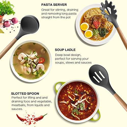 MIBOTE Silicone Cooking Kitchen Utensils Set, Wooden Handle