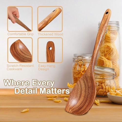 Wooden Spoons for Cooking, 4 Piece Teak Cooking Utensils Set