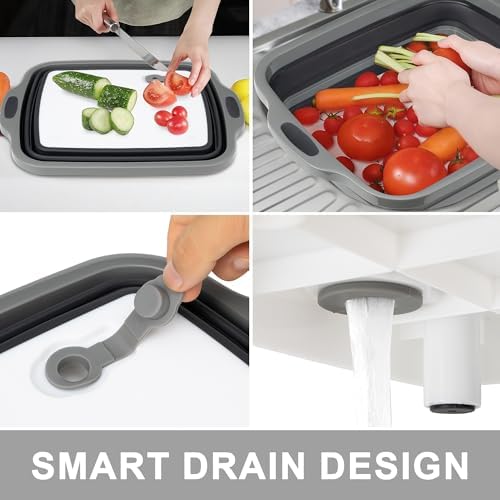 Collapsible Cutting Board with Container, Foldable Camping Sink with Colander
