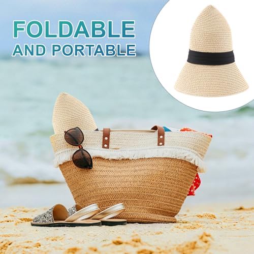 DRESHOW Women Straw Panama Hat Travel Fedora Beach Sun Hat Summer Wide Brim