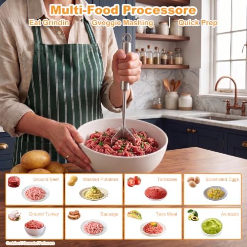 Stainless Steel Meat Masher, 6-Blade Ground Beef Chopper Tool, Heavy Duty