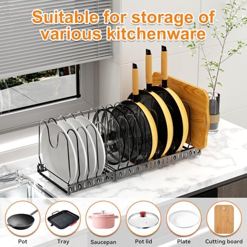 Pot and Pan Organizer Rack for Cabinet, 3 Expandable Pot Lid Organizer Holder