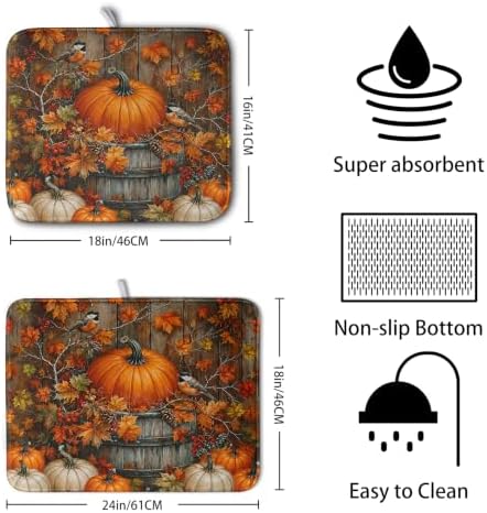 Fall Dish Drying Mat for Kitchen Counter 18x24 Autumn Pumpkin Maple Leaves