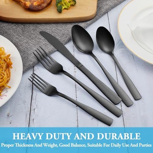 60 Pcs Black Silverware Set, Stainless Steel Flatware Set Service