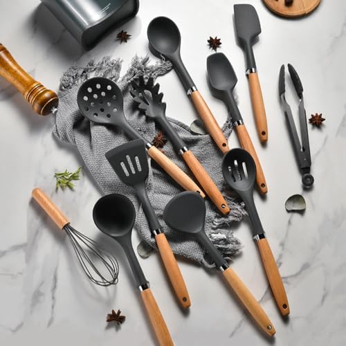 1-piece Skimmer Silicone Kitchen Utensils Sturdy Thickened Wooden Handle