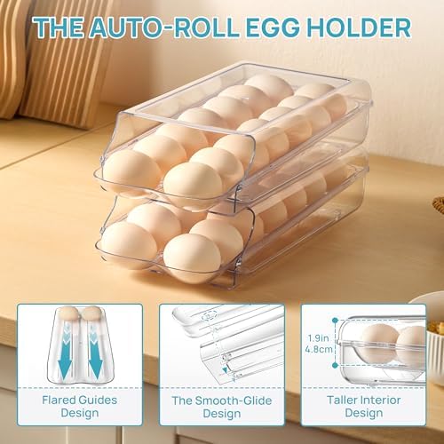 Vtopmart 2 Pack Egg Holder for Fridge, Automatic Rolling Egg Container