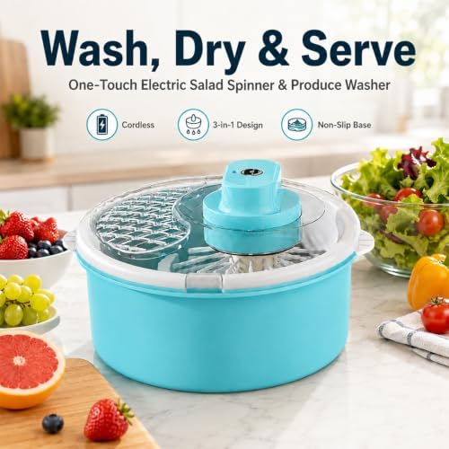 Electric Salad Spinner and Produce Washer, One-Touch Cordless Fruit Cleaner