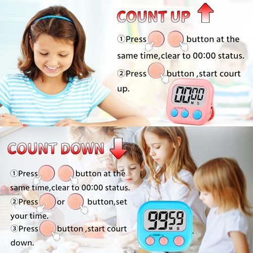 Timer for Kids Digital Kitchen Timers for Cooking- 2 Pack Blue Pink