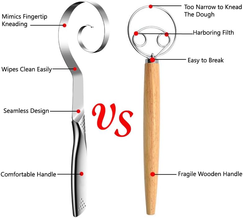 Seamless Danish Dough Whisk -10" Stainless Steel Dutch Bread Dough Whisk Tool