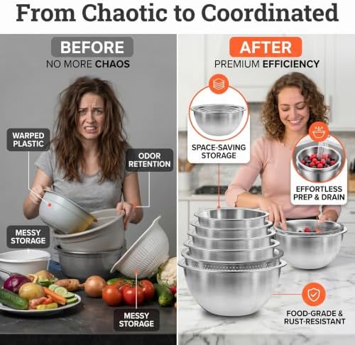 DUTZUN Kitchen Gadgets, Stainless Steel Mixing Bowls & Colander Strainer