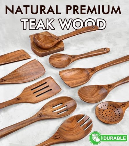 12Pcs Soft Grip Teak Wooden Utensil Set, Durable Spoons