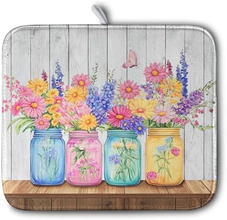 Daisy Dish Drying Mat for Kitchen Counter Spring Summer Flowers Vases Dishes