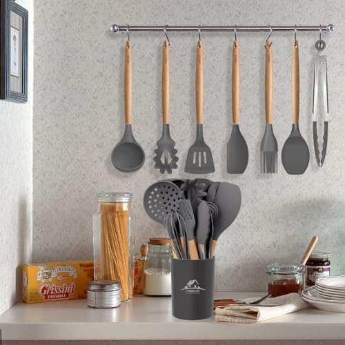 MIBOTE Silicone Cooking Kitchen Utensils Set, Wooden Handle