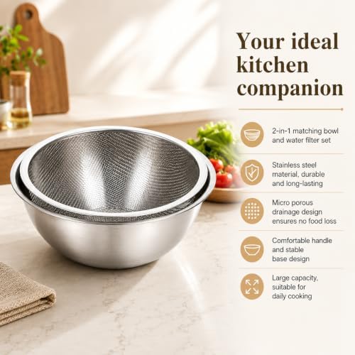 2 Pcs Stainless Steel Kitchen Colander Set Rice Washer Strainer Mixing Bowl