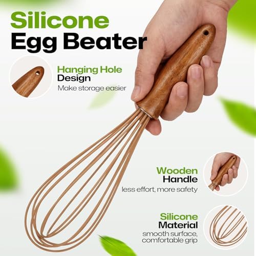 AIUHI Silicone Whisk with Wood Handle, 11.2" Balloon Egg Beater, Lightweight