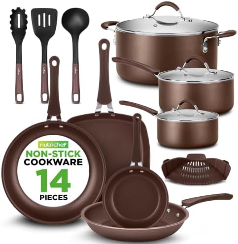NutriChef 14-Piece Nonstick Brown Cookware Set