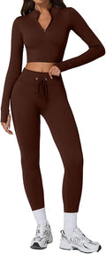 QINSEN Workout Sets for Women 2 Piece Seamless Long Sleeve Crop Tops Ribbed High Waist Leggings