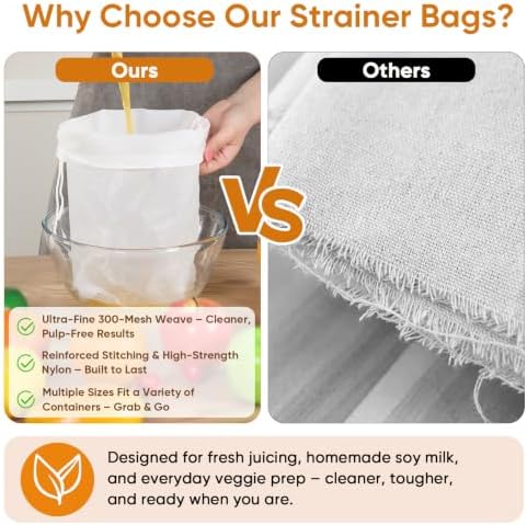Ultra Fine 300 Mesh Nylon Strainer Bags – 8"x12", Reusable Kitchen Filter Bags