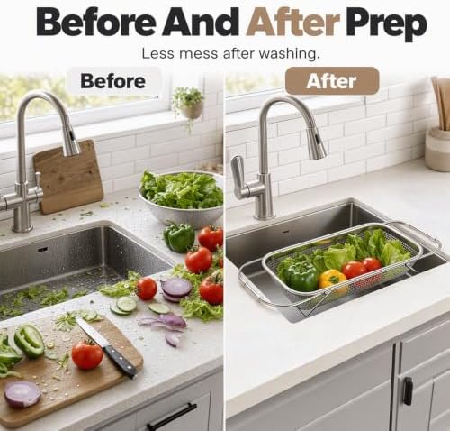 Stainless Steel Over-The-Sink Colander Strainer Basket, Expandable Sink Colander