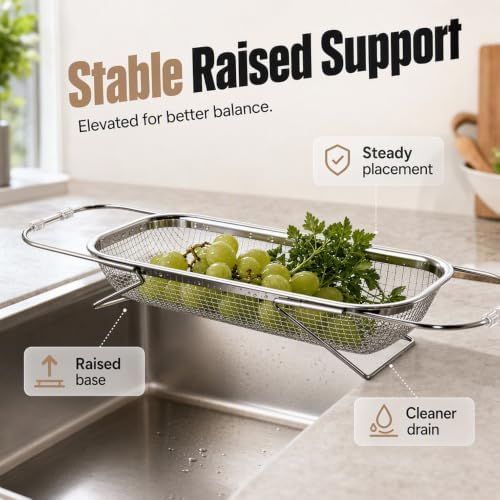 Stainless Steel Over-The-Sink Colander Strainer Basket, Expandable Sink Colander