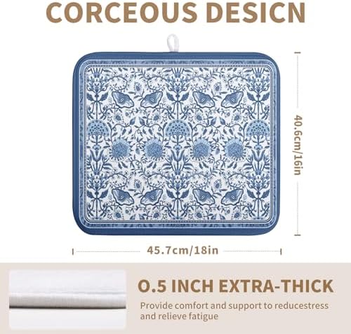 Blue Floral Dish Drying Mat for Kitchen Counter Boho Flowers Dishes Drainer