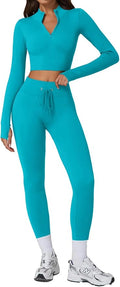 QINSEN Workout Sets for Women 2 Piece Seamless Long Sleeve Crop Tops Ribbed High Waist Leggings
