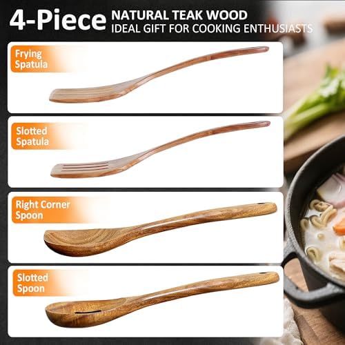 Wooden Spoons for Cooking, 4 Piece Teak Cooking Utensils Set