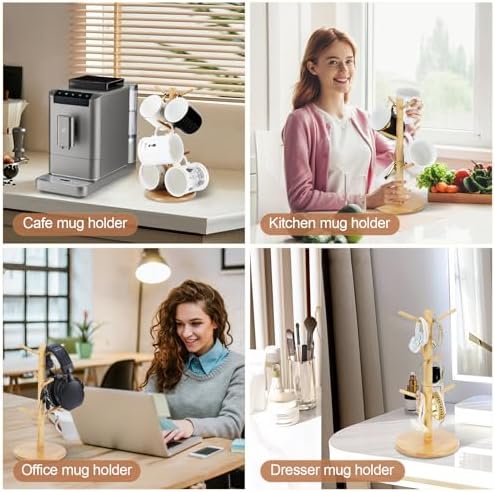Bamboo Mug Tree Holder, Upgraded Screw Type 6 Hooks Coffee Mug Holders