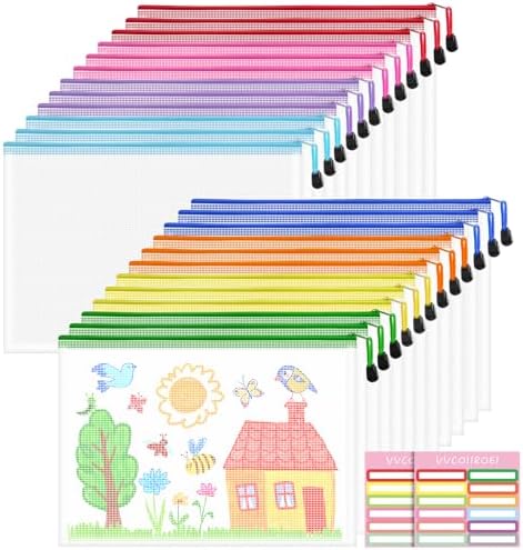 24pcs Mesh Bags with Zipper, A4 Zippered Pouch, 8 Colors Mesh Bags, Plastic Bag