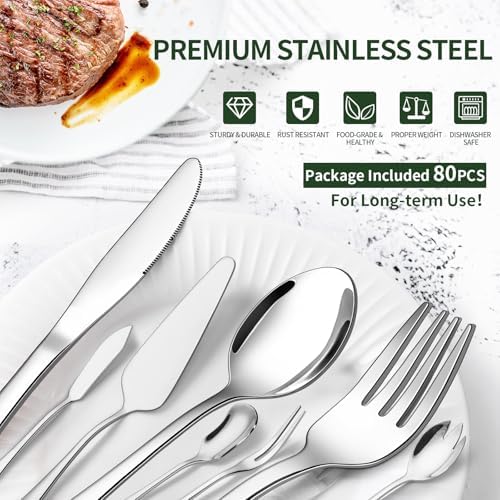 80 Pieces Silverware Set with Serving Utensils Set, CEKEE Stainless Steel
