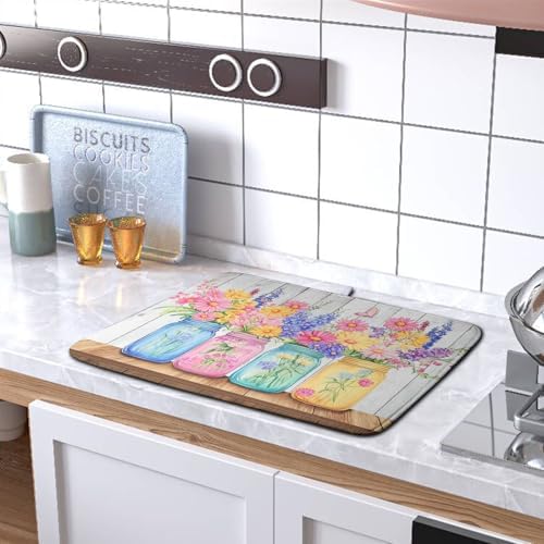 Daisy Dish Drying Mat for Kitchen Counter Spring Summer Flowers Vases Dishes