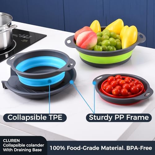 Collapsible Colander Set with Oversized Draining Tray | 3-Pack Foldable Kitchen