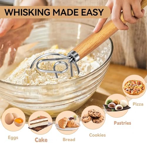 TEEVEA Danish Dough Whisk Wooden Handle Stainless Steel