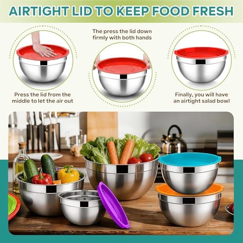 E-far Mixing Bowls with Lids Set, Stainless Steel Salad Bowls