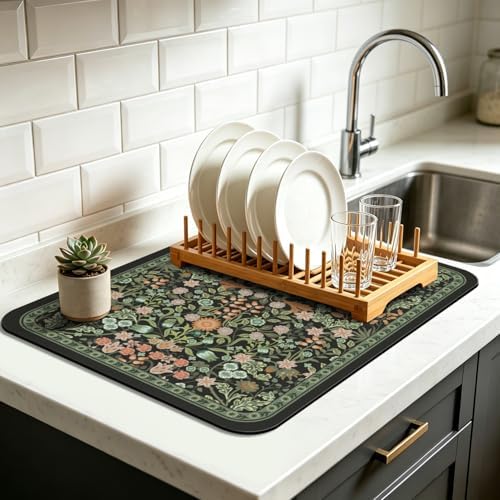 Dish Drying Mat for Kitchen Counter 18x24 Inch, Boho Quick Dry Coffee Mat