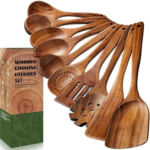 Terlulu 10 Pcs Wooden Spoons for Cooking, Natural Teak Wooden Kitchen Utensils