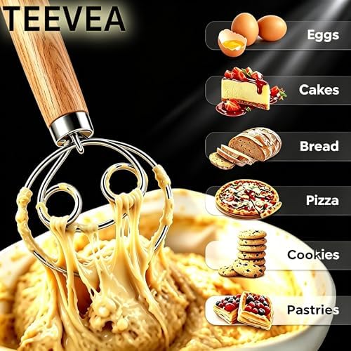 TEEVEA Danish Dough Whisk Stainless Steel Wooden Handle