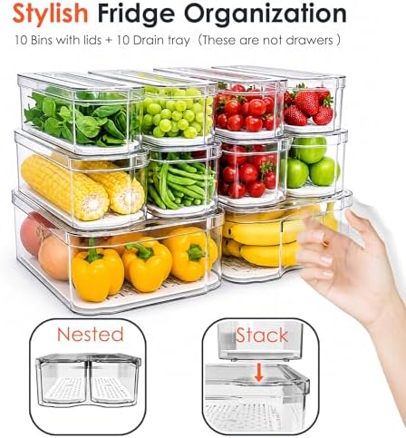 SMRCAD 10 Pack Clear Fridge Organizer Bins