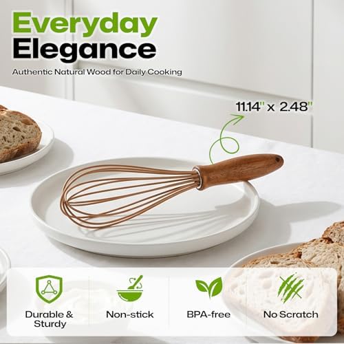 AIUHI Silicone Whisk with Wood Handle, 11.2" Balloon Egg Beater, Lightweight
