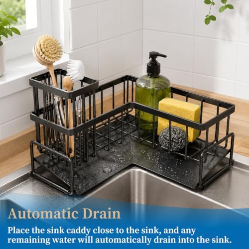 Sink Caddy with Drain, L-Shaped Sponge Holder