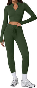 QINSEN Workout Sets for Women 2 Piece Seamless Long Sleeve Crop Tops Ribbed High Waist Leggings