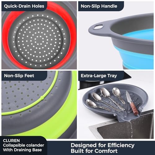 Collapsible Colander Set with Oversized Draining Tray | 3-Pack Foldable Kitchen